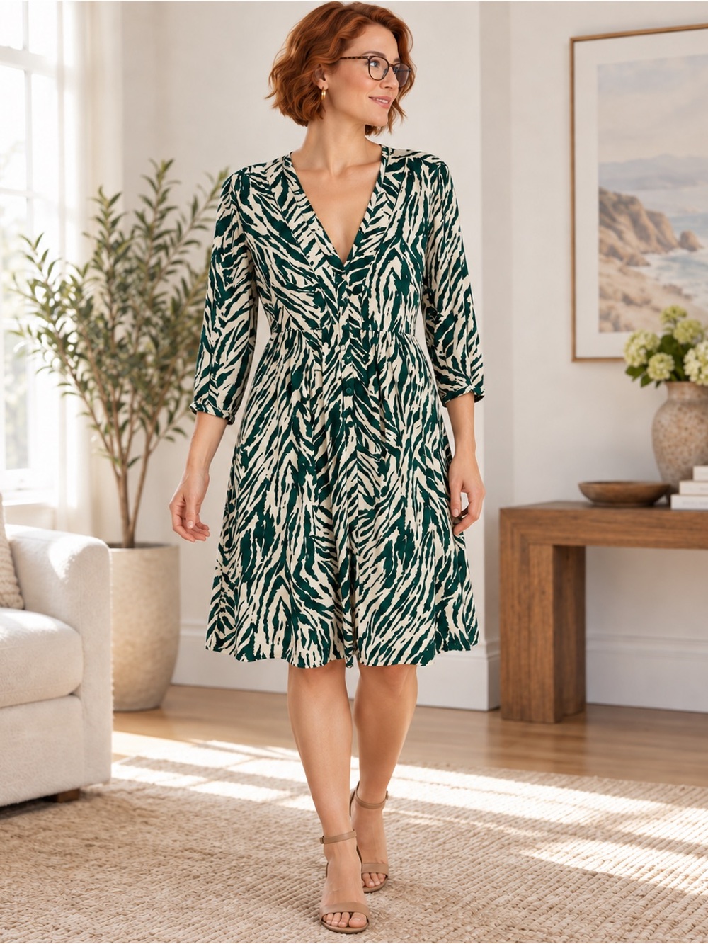 BA&SH Vuzy Green White Dress Medium VNeck Print Paris Boho Modern